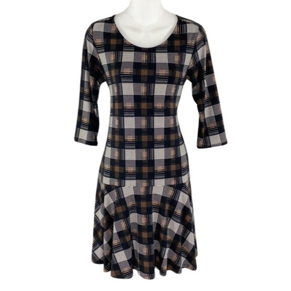 Leota Chase and Wonder black brown plaid jersey ruffle hem dress